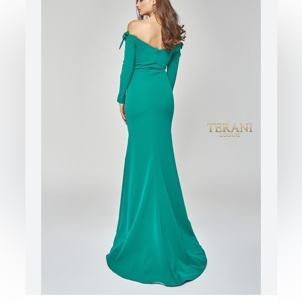Terani Couture emerald green Off Shoulder High Scoop Neck Gown - Picture 3 of 11